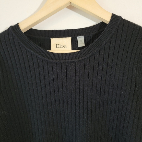 ELIE TAHARI Black Ribbed Knit Sweater Top Sz L Short Sleeve Crewneck Minimalist - Picture 3 of 12
